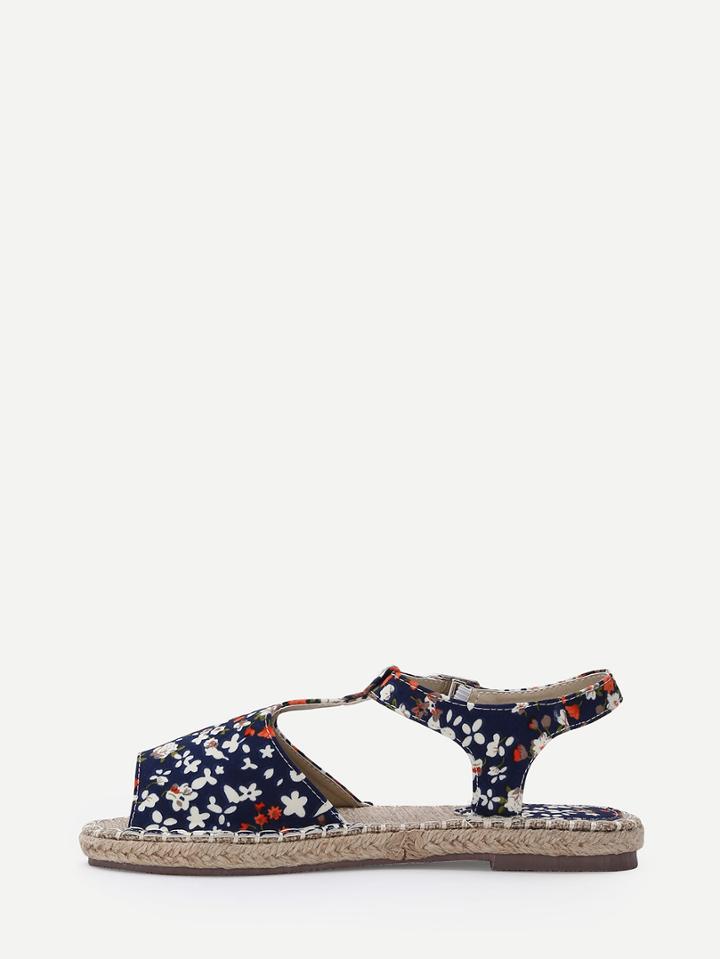 Romwe Blue Canva Upper Flower Print Espadrille Sandals