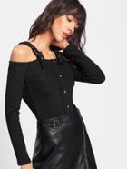 Romwe Cold Shoulder Single Breasted Tee