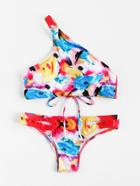 Romwe Abstract Print One Shoulder Bikini Set