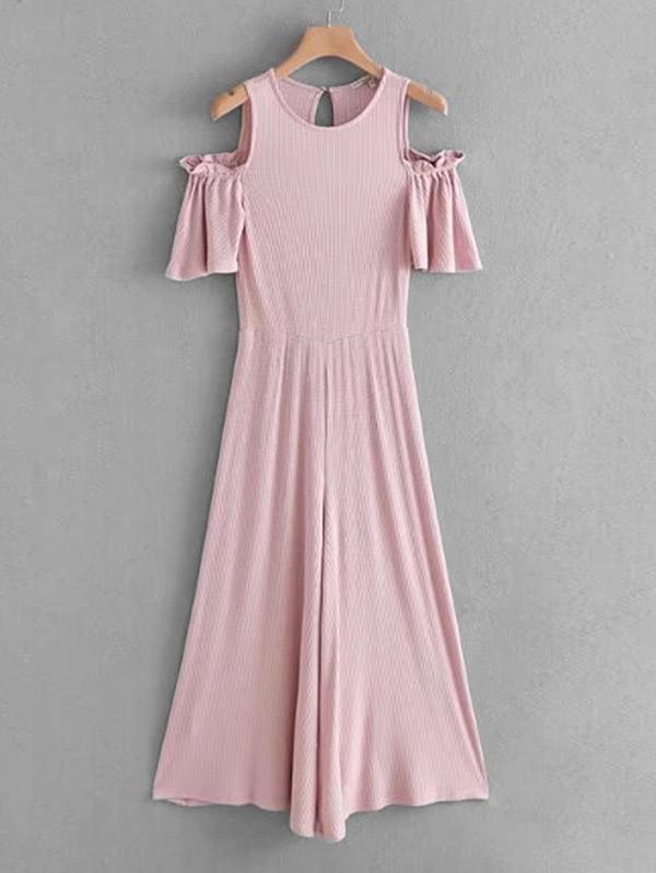 Romwe Cold Shoulder Wide Leg Rib Jumpsuit