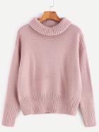 Romwe Pink Roll Neck Drop Shoulder Ribbed Knit Trim Sweater