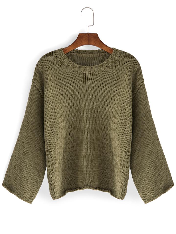 Romwe Round Neck 3/4 Sleeve Green Sweater