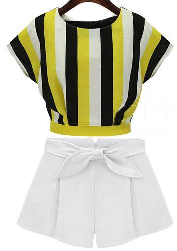 Romwe Vertical Striped Crop Top With Bow Shorts