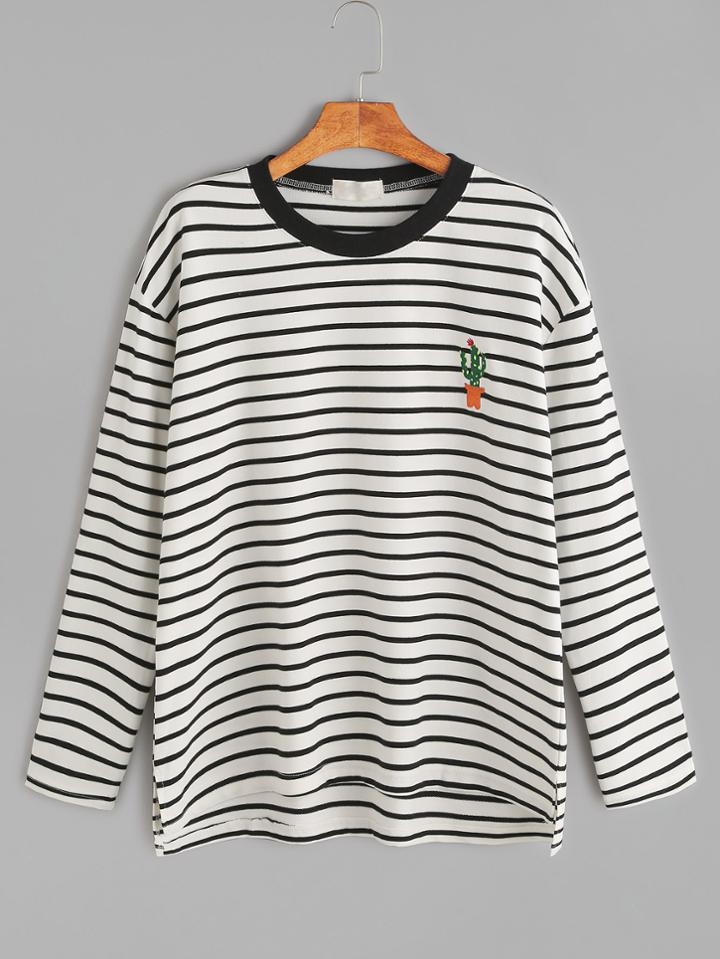 Romwe Black White Striped Cactus Print Dip Hem T-shirt