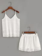 Romwe White Lace Overlay Cami Top With Elastic Waist Shorts