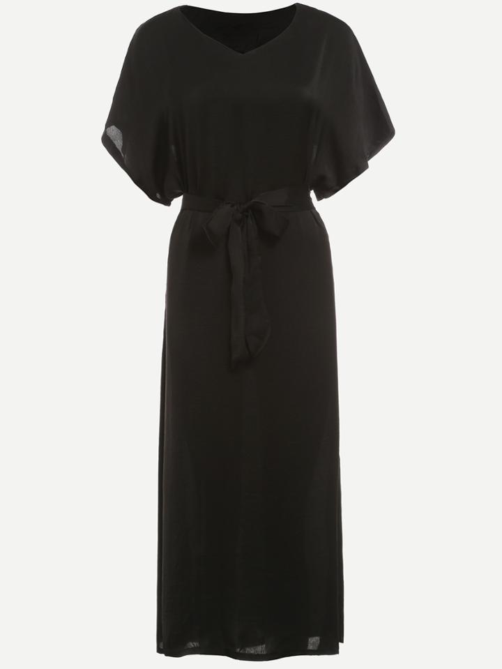 Romwe Black Belted Contrast Mesh Insert Shift Dress