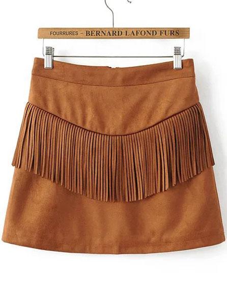 Romwe Brown Fringe Detail Zipper Back Suede Skirt