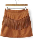 Romwe Brown Fringe Detail Zipper Back Suede Skirt