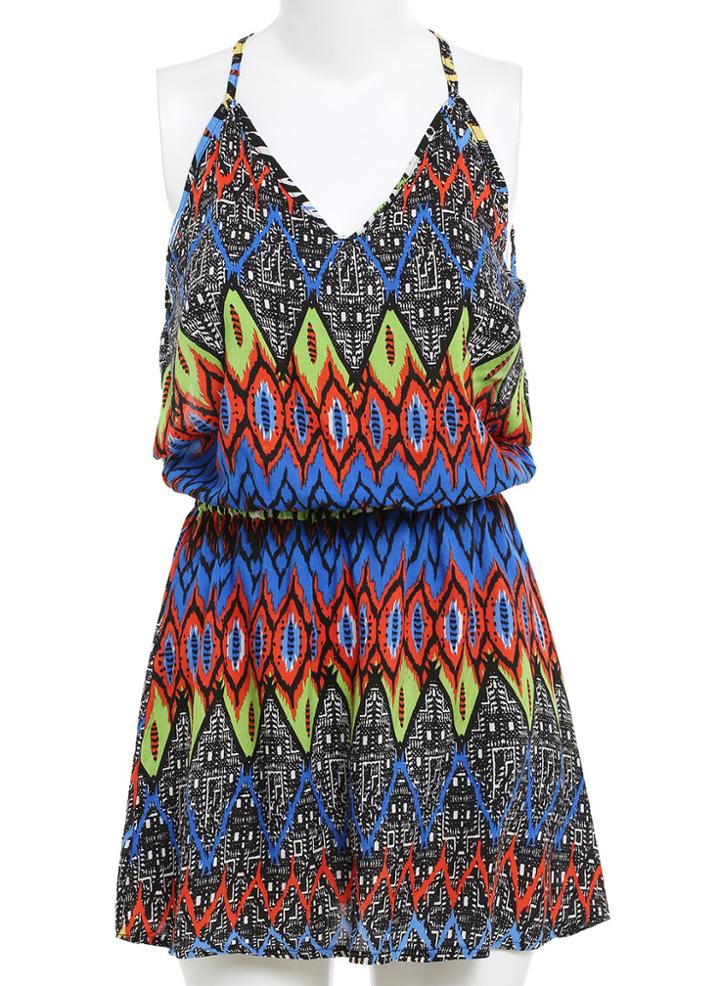 Romwe Halter Backless Geometric Print Romper