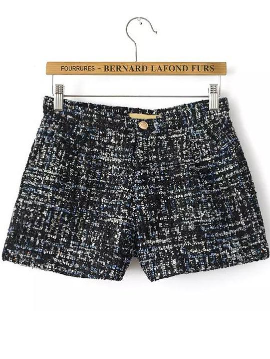Romwe Sequined Tweed Black Shorts