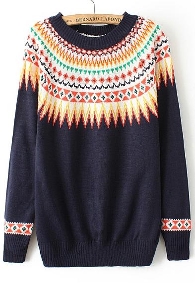 Romwe Tribal Print Knit Navy Sweater