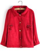 Romwe Lapel Buttons Pockets Suede Red Coat