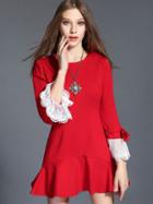 Romwe Red Round Neck Long Sleeve Fishtail Dress