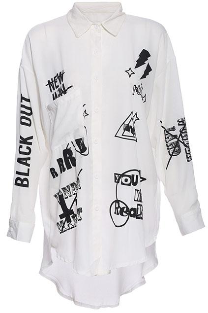 Romwe Graffiti Print Asymmetric White Shirt