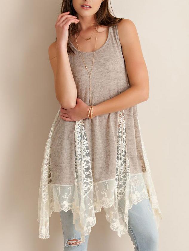 Romwe Lace Inset Grey Swing Tank Dress
