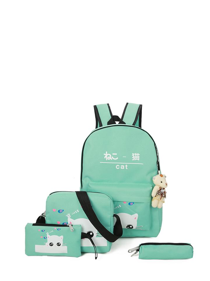 Romwe Cat Print Canvas Combination Bag 4pcs