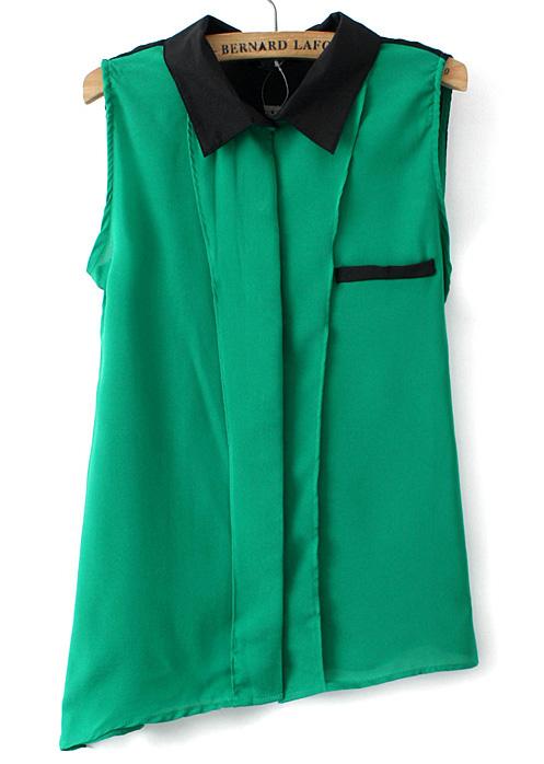 Romwe Contrast Collar Asymmetrical Green Blouse