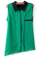 Romwe Contrast Collar Asymmetrical Green Blouse