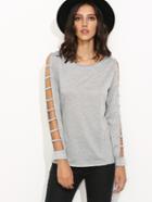 Romwe Grey Ladder Cut Out Sleeve T-shirt