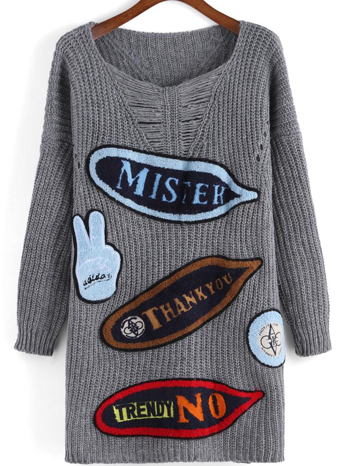 Romwe Round Neck Ripped Patch Grey Sweater
