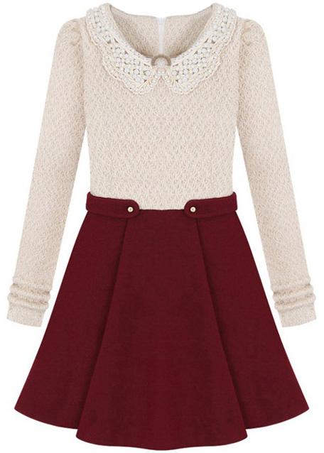 Romwe Color-block Beaded Collar Pleated Dress