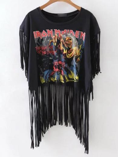 Romwe Black Round Neck Printed Tassel T-shirt