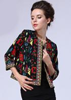 Romwe Black Round Neck Tribal Print Crop Outerwear
