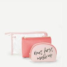 Romwe Letter Print Zipper Makeup Bag 3pcs