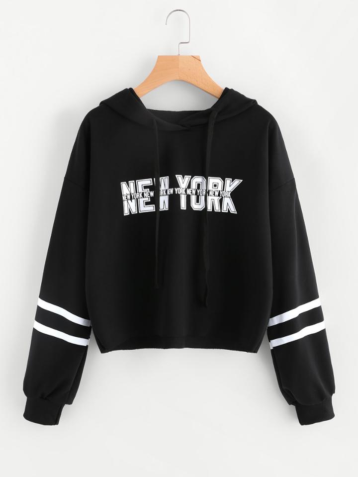 Romwe Letter Print Varsity-striped Hoodie