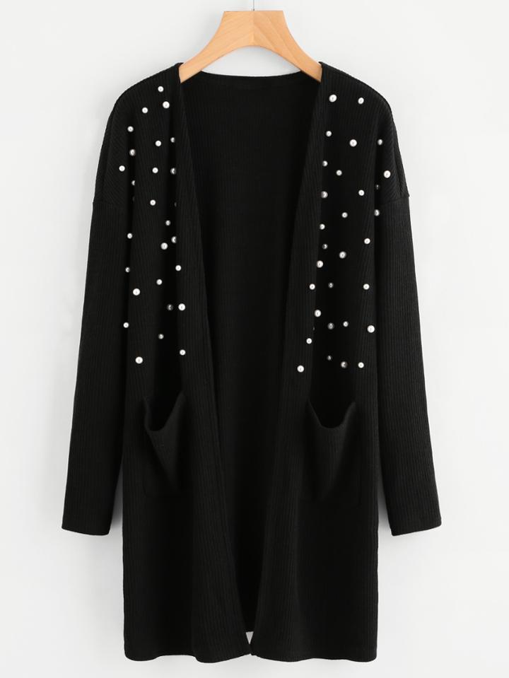 Romwe Pearl Beading Front Pocket Ribbed Coat