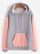 Romwe Heather Grey Contrast Sleeve And Pocket Hoodie