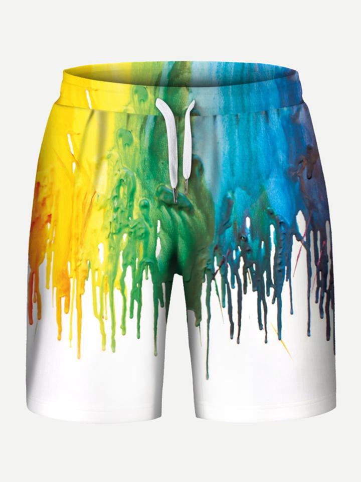 Romwe Men Paint Drip Print Drawstring Shorts