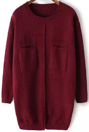 Romwe Pockets Loose Wine Red Sweater