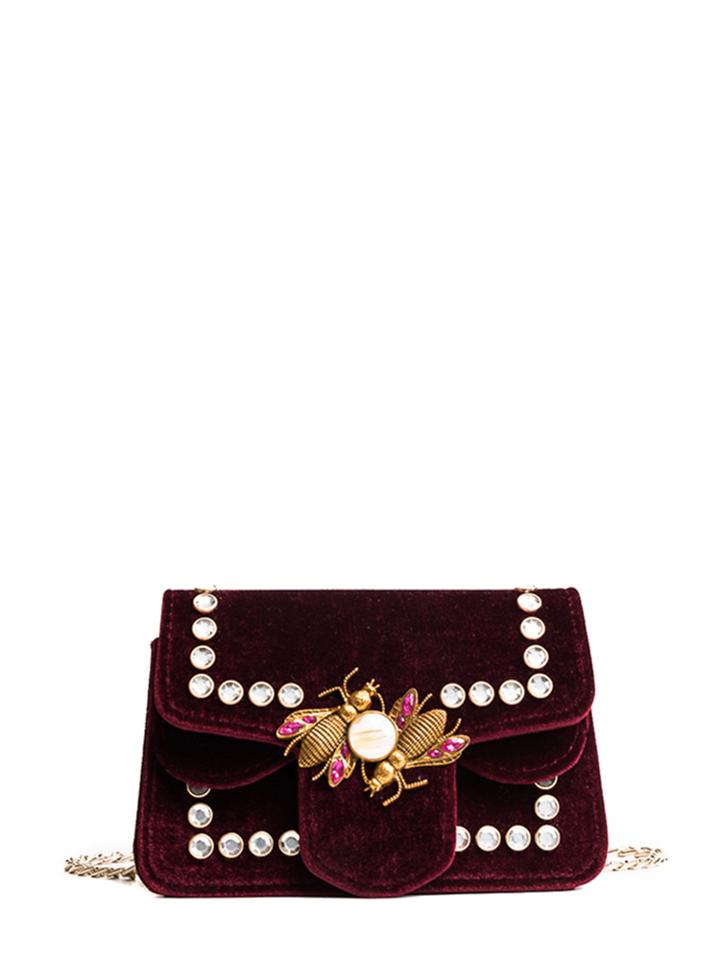 Romwe Faux Pearl & Bee Decorated Velvet Shoulder Bag