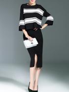 Romwe Black White Striped Top With Split Skirt