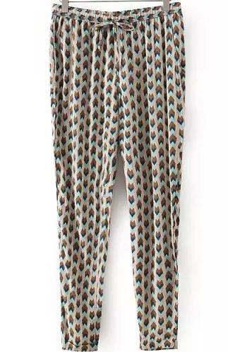 Romwe Drawstring Geometric Print Green Pant