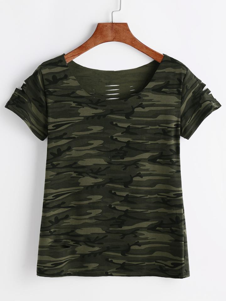Romwe Camo Print Ripped T-shirt