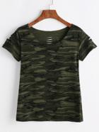 Romwe Camo Print Ripped T-shirt