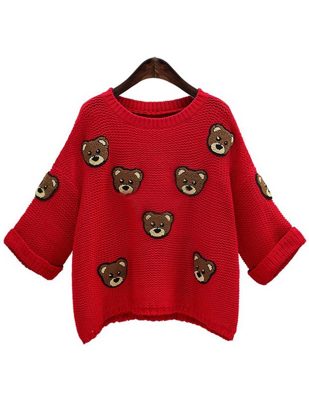 Romwe Bear Pattern Loose Red Sweater