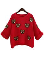 Romwe Bear Pattern Loose Red Sweater