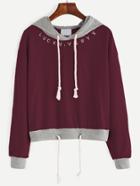 Romwe Burgundy Contrast Hem Drawstring Hooded Sweatshirt