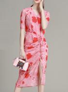Romwe Hot Pink V Neck Wraparound Split Dress