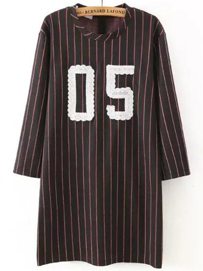 Romwe Vertical Striped Number Embroidered Dress