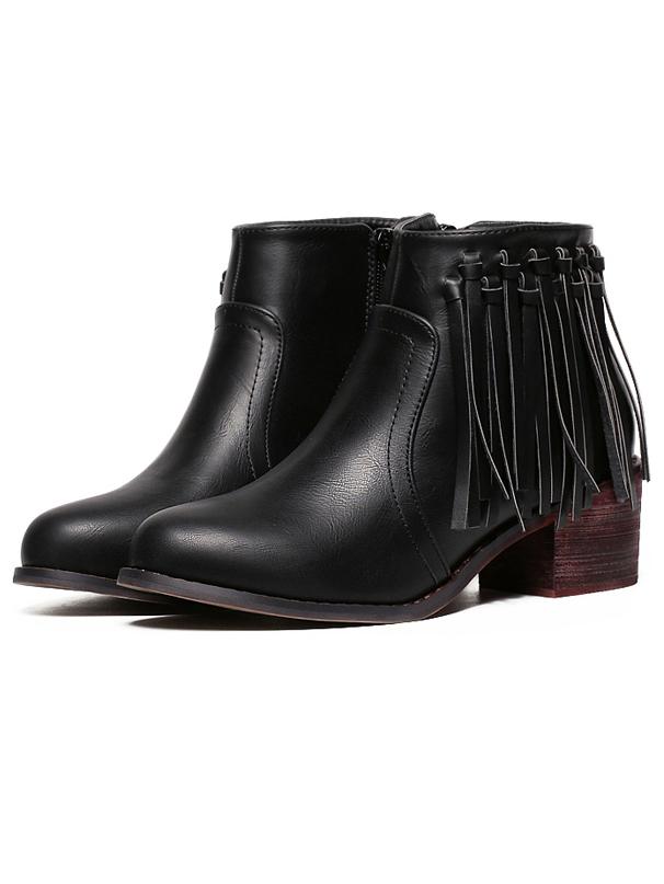 Romwe Black Tassel Side Zipper Ankle Boots