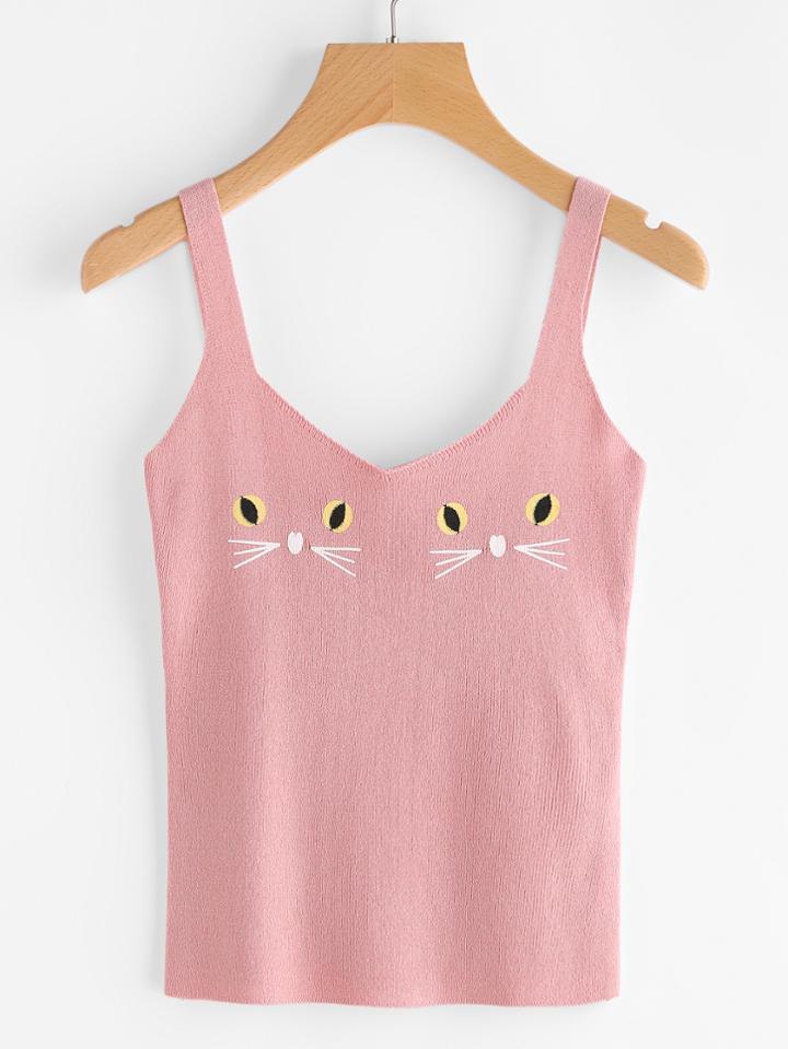 Romwe V Neckline Cat Print Cami Top