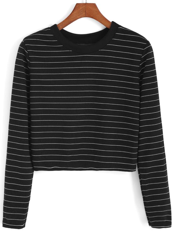 Romwe Round Neck Striped Crop Black Sweatshirt
