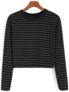 Romwe Round Neck Striped Crop Black Sweatshirt