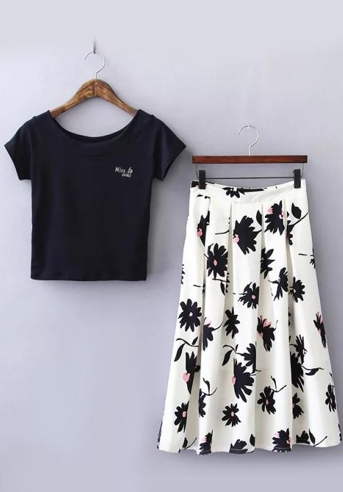 Romwe Short Sleeve Diamond Top With Flower Print Skirt