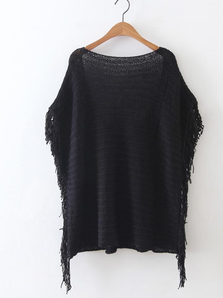 Romwe Black Open Back Fringe Trim Loose Sweater