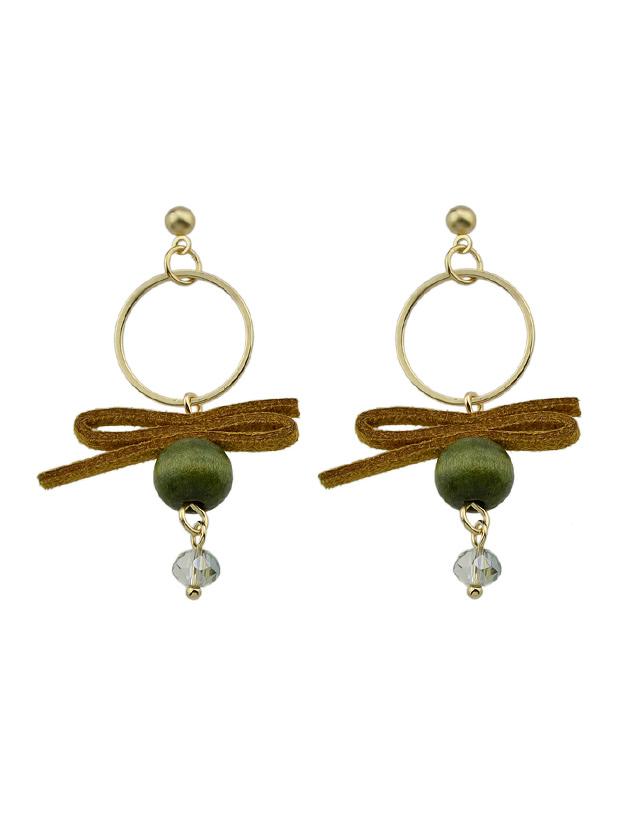 Romwe Gold Pu Leather Bowknot Wood Beads Boho Party Earrings